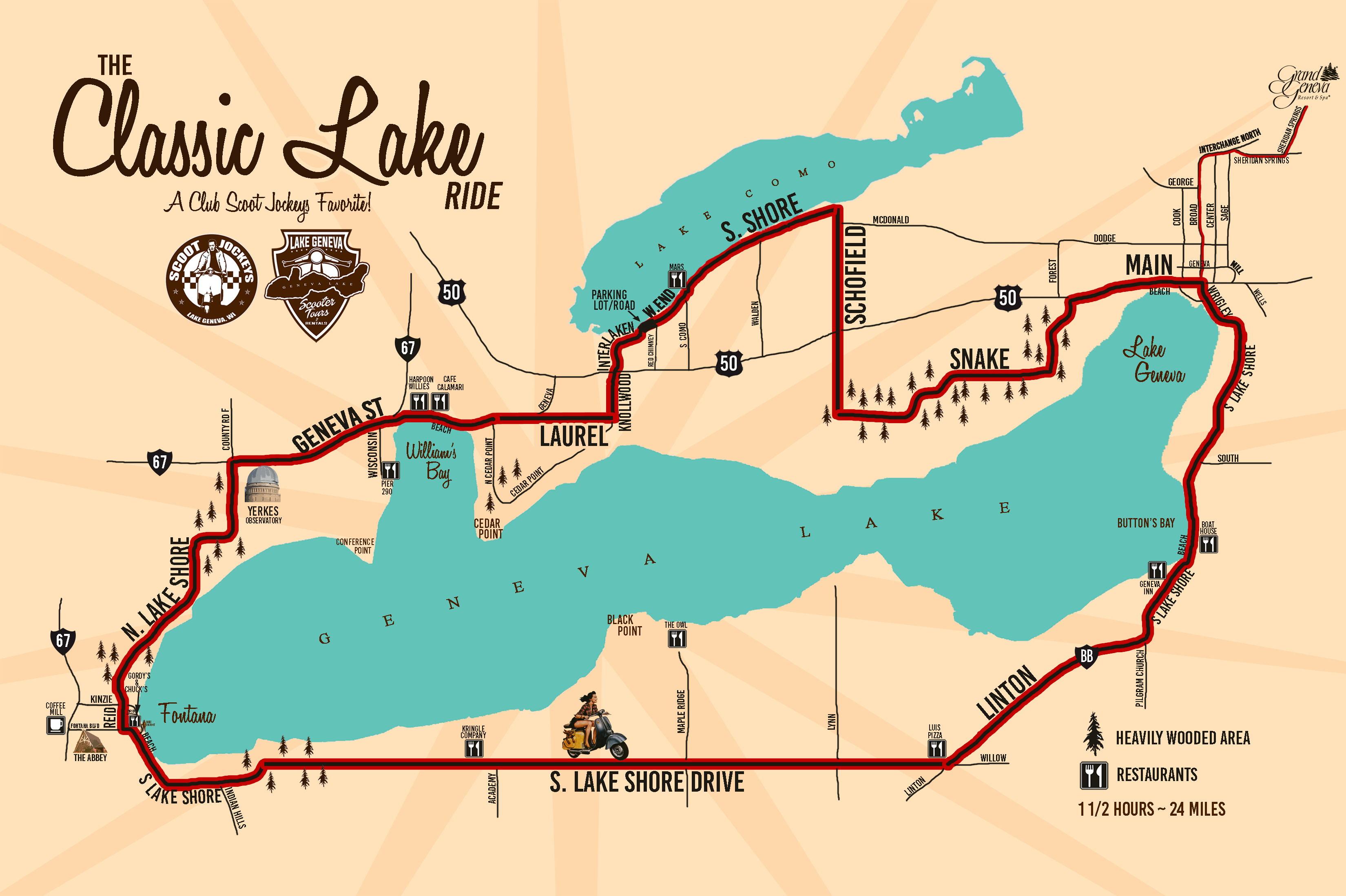 Lake Geneva Scooter Tours Map - The Classic Lake Ride
