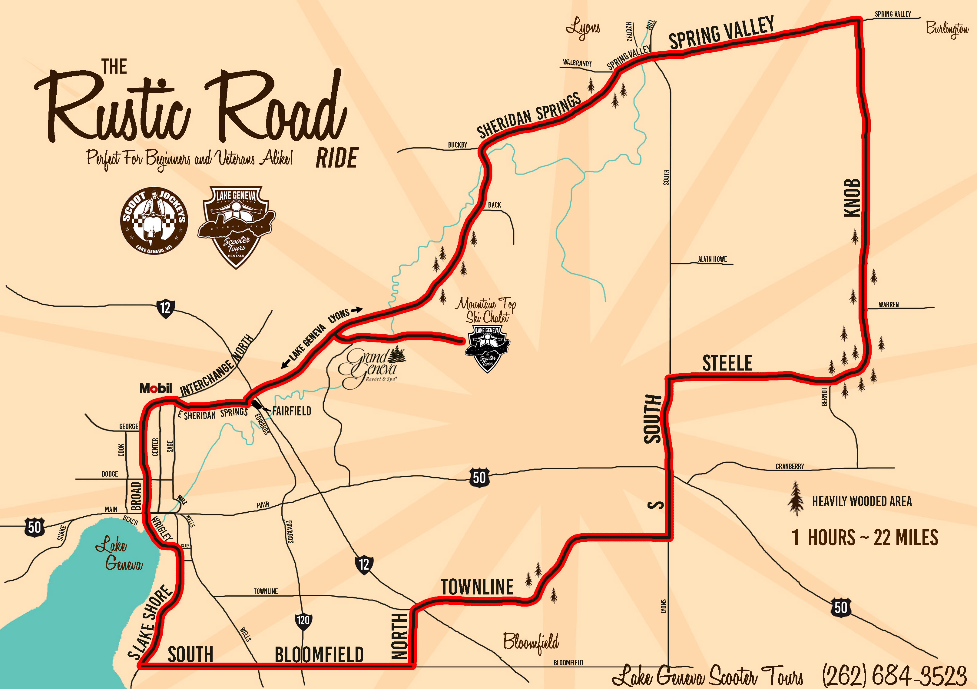 Lake Geneva Scooter Tours Map - The Rustic Road Ride